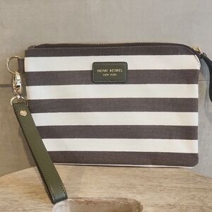 Henri Bendel  Brown and White Striped With Green Leather Details Wristlet